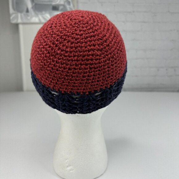 Handmade New Matilda Hobbii Friends Cotton Silk in Deep Red Navy Knit Beanie-S/M - Picture 4 of 9